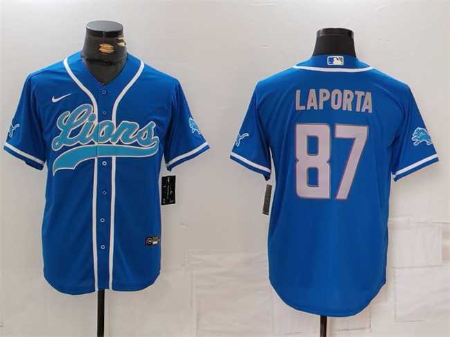 Men%27s Detroit Lions #87 Sam LaPorta Blue Cool Base Stitched Baseball Jersey